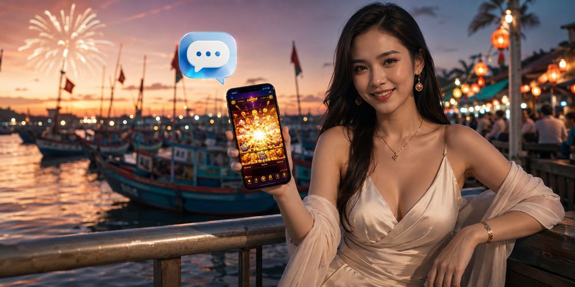 Người chơi thư giãn tại bãi biển Mũi Né, tay cầm điện thoại đang chơi slot game trực tuyến